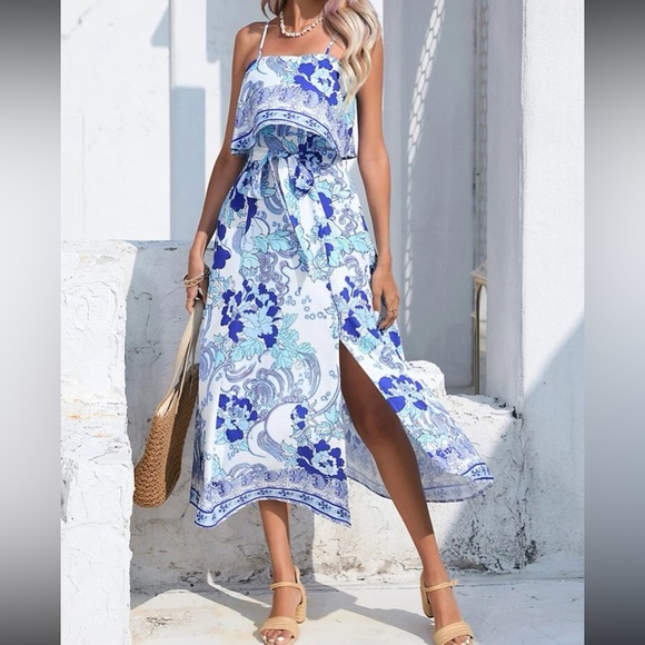 Boho floral print belted cami midi dress - Picture 5 of 6